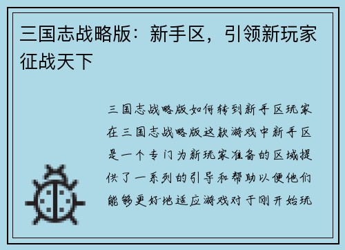 三国志战略版：新手区，引领新玩家征战天下