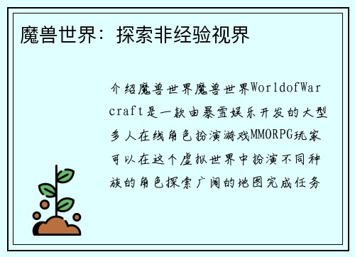 魔兽世界：探索非经验视界