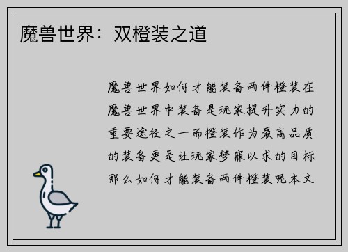 魔兽世界：双橙装之道